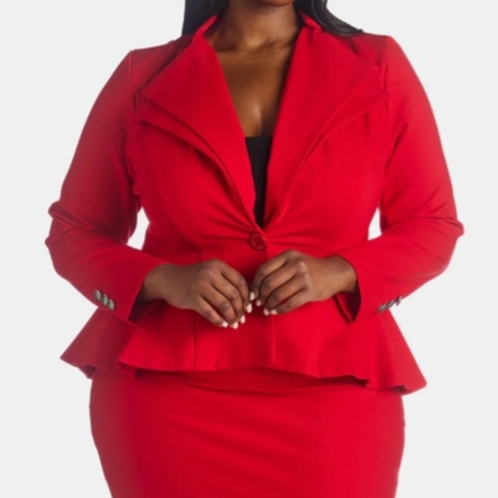 Noir Red Double Lapel Peplum Fitted Ponte Office Career Blazer Jacket XL NWT